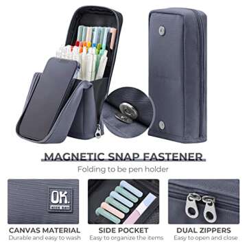 OMNGE Big Capacity Pencil Case Standing Pencil Pen Case High-standard Canvas Pen Holder Supplies for Office College School Girl Boy Men Women (Deep grey)
