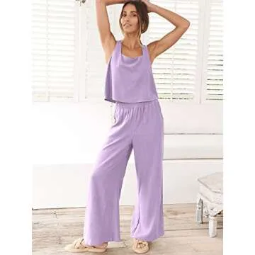ANRABESS Women's 2 Piece Outfits Linen Pants Jumpsuit Matching Lounge Set Casual Summer Beach Vacation Trendy Clothes Purple Medium