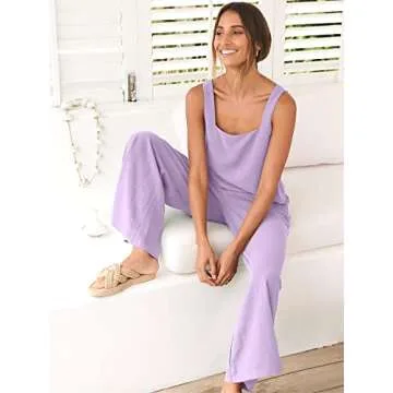 ANRABESS Women's 2 Piece Outfits Linen Pants Jumpsuit Matching Lounge Set Casual Summer Beach Vacation Trendy Clothes Purple Medium