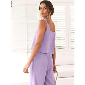ANRABESS Women's 2 Piece Outfits Linen Pants Jumpsuit Matching Lounge Set Casual Summer Beach Vacation Trendy Clothes Purple Medium