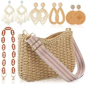 Abbylike Summer Handmade Straw Crossbody Bag for Women with 4 Rattan Earrings for Vacation