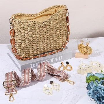 Stylish Abbylike Woven Straw Crossbody Bag with Earrings