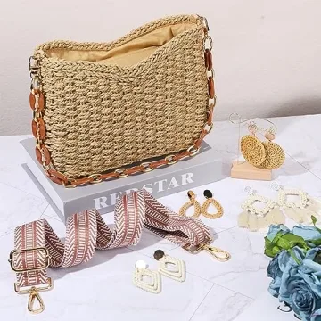 Stylish Abbylike Woven Straw Crossbody Bag with Earrings