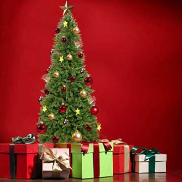 Takuvan 6ft Artificial Pencil Slim Christmas Tree, Includes Metal Stand, Kingswood Fir, Easy Assembly with Hinge