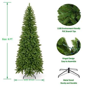 Takuvan 6ft Artificial Pencil Slim Christmas Tree, Includes Metal Stand, Kingswood Fir, Easy Assembly with Hinge