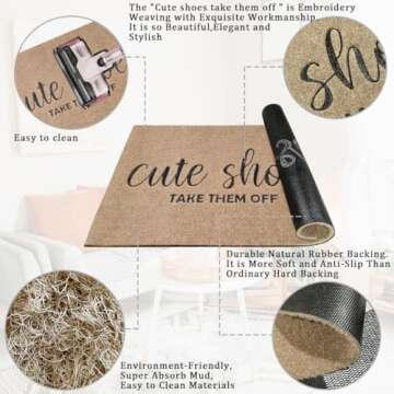 Welcome Mat for Front Door Outdoor Entryway Cute Shoes Take Them Off Indoor Mats with Rubber Backing Doormat Non Slip Easy to Clean Natural Outside Brown