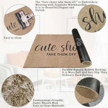 Welcome Mat for Front Door Outdoor Entryway Cute Shoes Take Them Off Indoor Mats with Rubber Backing Doormat Non Slip Easy to Clean Natural Outside Brown