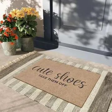 Welcome Mat for Front Door Outdoor Entryway Cute Shoes Take Them Off Indoor Mats with Rubber Backing Doormat Non Slip Easy to Clean Natural Outside Brown