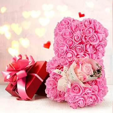 K KYMAKE Valentines Day Gifts for Her, Rose Bear Birthday Gift for Girlfriend, Artificial Flowers Rose Teddy Bear with Bouquet,Greeting Card,Valentines day Gifts Rose Gifts for Women Wife Mom Grandma
