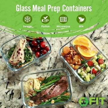 FIT Strong & Healthy Glass Meal Prep Containers, 1 & 2 & 3 Compartments - Portion Control, Lunch Con...