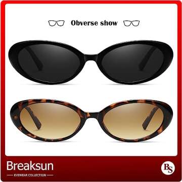Breaksun Retro Oval Sunglasses for Women Men Fashion Small Oval Sunglasses 90s Vintage Shades (Black/Grey+ Leopard/Brown Gradient)