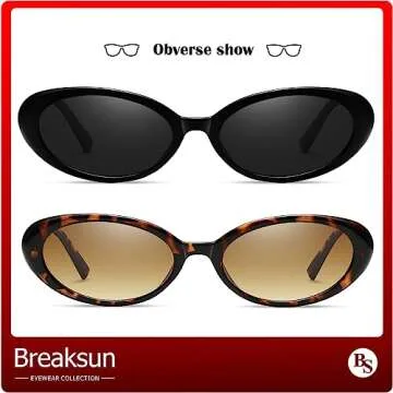 Breaksun Retro Oval Sunglasses for Women Men Fashion Small Oval Sunglasses 90s Vintage Shades (Black/Grey+ Leopard/Brown Gradient)