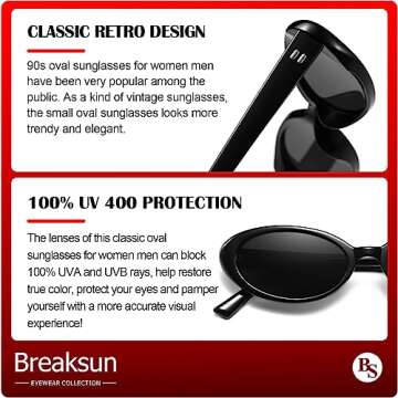 Breaksun Retro Oval Sunglasses for Women Men Fashion Small Oval Sunglasses 90s Vintage Shades (Black/Grey+ Leopard/Brown Gradient)