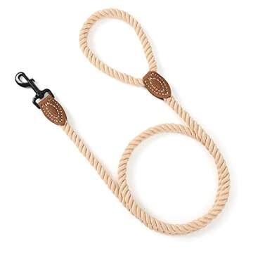 Mile High Life Dog Leash | Braided Cotton Rope Dog Leashes with Leather Tailor Tip | 6 Feet Dog Leash w Heavy Duty Metal Clasp | Wedding Dog Leash (Light Brown, 72 Inches)
