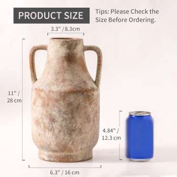 Mitt&Ditt Ceramic Vase, Neutral Flower Vase with Handles, 11 inch Tall vase for Centerpieces, Large Decorative Terracotta Vases, Farmhouse Rustic Vase for Home Decor, Living Room, Table