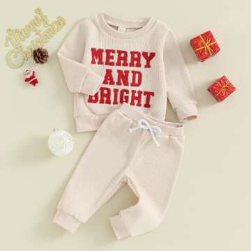FIOMVA Toddler Baby Girl Boy Christmas Outfits 0 3 6 9 12 18 24Months 2t 3t Sweatshirt Long Sleeve Top+Pants Fall Clothes Set (Christmas Merry and Bright Beige, 2-3 Years)