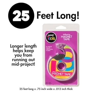 Dowling Magnets Adhesive Magnet Tape, 1 roll (25'L x .75"W) in dispenser, thin dark gray craft magnets for paper and photos only. Magnetic tape with adhesive backing. Classroom essentials. Item 735001