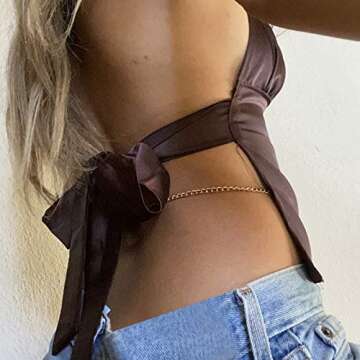 Sexy Women Deep V Neck Halter Top Open Back Tie Knot Backless Crop Camisole Y2K Night Party Club Wear Streetwear Brown