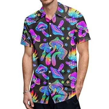 HUGLAZY Magic Mushrooms Hawaiian Shirt for Men Colorful Big and Tall Short Sleeve Button Down Shirts Funny Party Beach Outfit XL