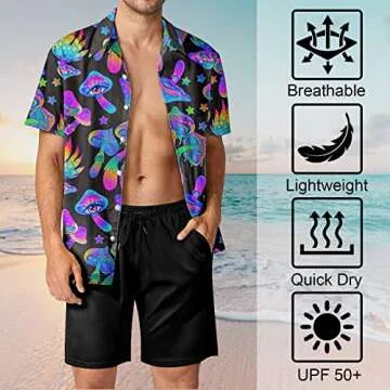 HUGLAZY Magic Mushrooms Hawaiian Shirt for Men Colorful Big and Tall Short Sleeve Button Down Shirts Funny Party Beach Outfit XL