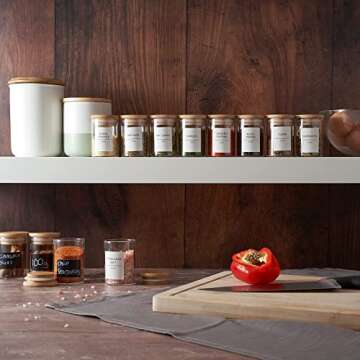 Stylvio 12 Pcs 4oz Spice Jars with Bamboo Lids, Airtight Seasoning Containers with 152 Pre-printed Minimalistic Spice Labels,12 Black Chalkboard Labels, Erasable Liquid Chalk Pen and Spice Funnel