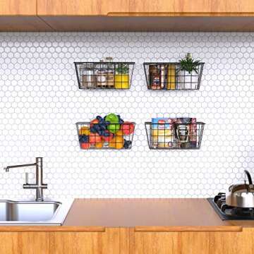 MaraFansie Over the Cabinet Door Organizer Wall Wire Baskets Hanging Kitchen Basket Shelf for Cabinet & Pantry Organization and Kitchen, Bathroom, Bedroom Storage, with Adhesive, 4 Pack