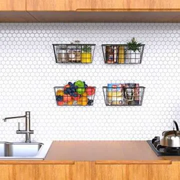 MaraFansie Over the Cabinet Door Organizer Wall Wire Baskets Hanging Kitchen Basket Shelf for Cabinet & Pantry Organization and Kitchen, Bathroom, Bedroom Storage, with Adhesive, 4 Pack