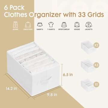 Large 6 Pack Clothes Organizer for Closet Storage Solutions