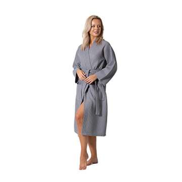 Turkish Linen Waffle Knit Lightweight Kimono Spa & Bath Robes for Women - Quick Dry - Soft (Gray, La...