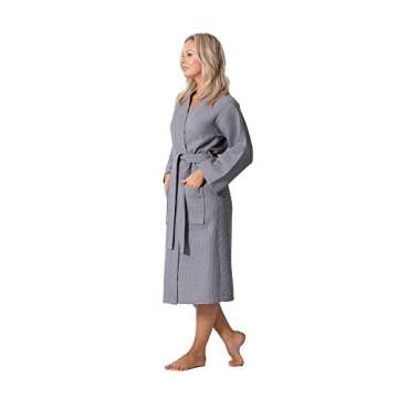Turkish Linen Waffle Knit Lightweight Kimono Spa & Bath Robes for Women - Quick Dry - Soft (Gray, Large)