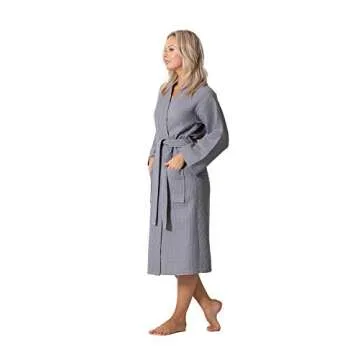 Turkish Linen Waffle Knit Lightweight Kimono Spa & Bath Robes for Women - Quick Dry - Soft (Gray, Large)