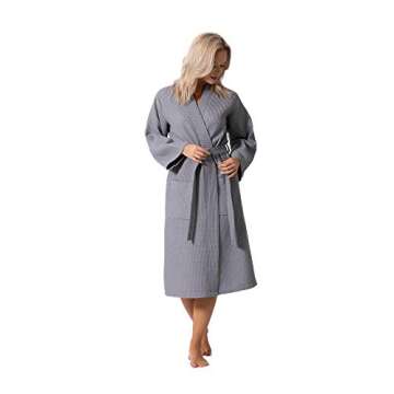 Turkish Linen Waffle Knit Lightweight Kimono Spa & Bath Robes for Women - Quick Dry - Soft (Gray, Large)
