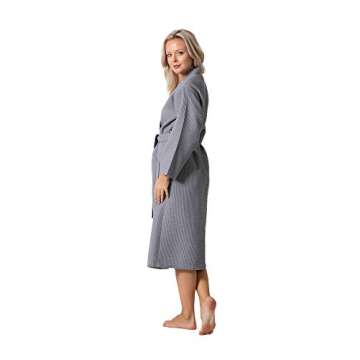 Turkish Linen Waffle Knit Lightweight Kimono Spa & Bath Robes for Women - Quick Dry - Soft (Gray, Large)