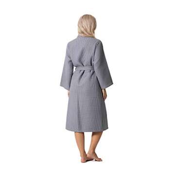 Turkish Linen Waffle Knit Lightweight Kimono Spa & Bath Robes for Women - Quick Dry - Soft (Gray, Large)