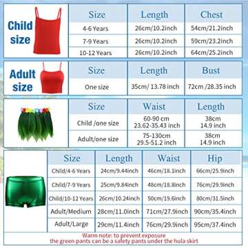 7 Pcs Leaf Hula Skirt and Hawaiian Leis Set Hibiscus Flowers Necklace Bracelet Headband Vest Shorts Hawaiian Costumes Party (Kids, 4-6 Years)