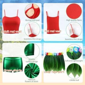 7 Pcs Leaf Hula Skirt and Hawaiian Leis Set Hibiscus Flowers Necklace Bracelet Headband Vest Shorts Hawaiian Costumes Party (Kids, 4-6 Years)