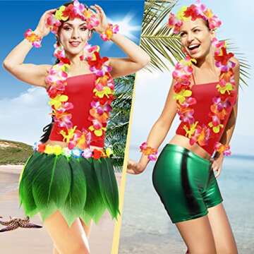 7 Pcs Leaf Hula Skirt and Hawaiian Leis Set Hibiscus Flowers Necklace Bracelet Headband Vest Shorts Hawaiian Costumes Party (Kids, 4-6 Years)