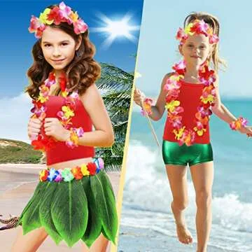 7 Pcs Leaf Hula Skirt and Hawaiian Leis Set Hibiscus Flowers Necklace Bracelet Headband Vest Shorts Hawaiian Costumes Party (Kids, 4-6 Years)