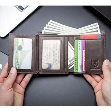 BULLCAPTAIN Genuine Leather Bifold Men Wallet RFID Blocking Credit Card Holder Minimalist Wallet wit...