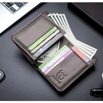 BULLCAPTAIN Genuine Leather Bifold Men Wallet RFID Blocking Credit Card Holder Minimalist Wallet with 2 ID Window (Dark Grey)