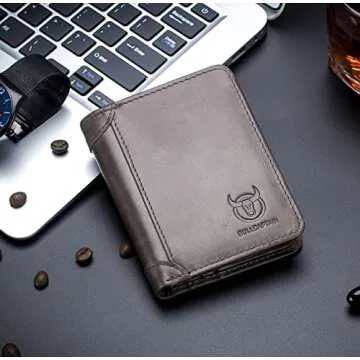 BULLCAPTAIN Genuine Leather Bifold Men Wallet RFID Blocking Credit Card Holder Minimalist Wallet with 2 ID Window (Dark Grey)
