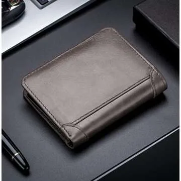 BULLCAPTAIN Genuine Leather Bifold Men Wallet RFID Blocking Credit Card Holder Minimalist Wallet with 2 ID Window (Dark Grey)