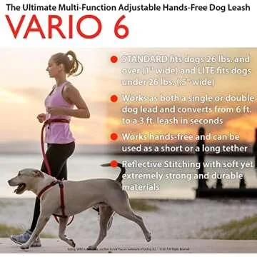 EzyDog Vario 6 Multi-Function Dog Leash with Snap Hook and Reflective Stitching - Perfect for Running, Walking, and Traffic Control - Hands-Free, Double Dog, and Tethering Capabilities (Standard, Black)