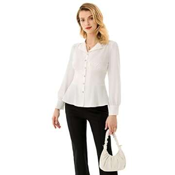 Womens Blouse Summer Casual Long Sleeve Peplum Tops Dressy Work Collared Shirt Top White M