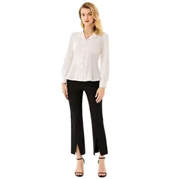 Womens Blouse Summer Casual Long Sleeve Peplum Tops Dressy Work Collared Shirt Top White M