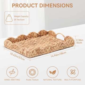 Hand-Woven Rattan Tray with Handles - 15"x10.6" Rectangle, Decorative Water Hyacinth Serving Tray fo...