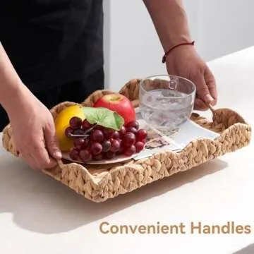 Hand-Woven Rattan Tray with Handles - 15"x10.6" Rectangle, Decorative Water Hyacinth Serving Tray for Living Room, Coffee Table, Breakfast in Bed