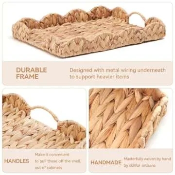 Hand-Woven Rattan Tray with Handles - 15"x10.6" Rectangle, Decorative Water Hyacinth Serving Tray for Living Room, Coffee Table, Breakfast in Bed