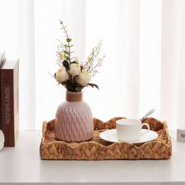 Hand-Woven Rattan Tray with Handles - 15"x10.6" Rectangle, Decorative Water Hyacinth Serving Tray for Living Room, Coffee Table, Breakfast in Bed