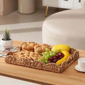 Hand-Woven Rattan Tray with Handles - 15"x10.6" Rectangle, Decorative Water Hyacinth Serving Tray for Living Room, Coffee Table, Breakfast in Bed